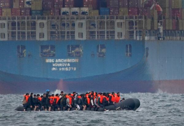 Illegal immigrants crossing the in a small boat travelling from France off the coast of Dover, England, on Aug. 29, 2023. (Gareth Fuller/PA)