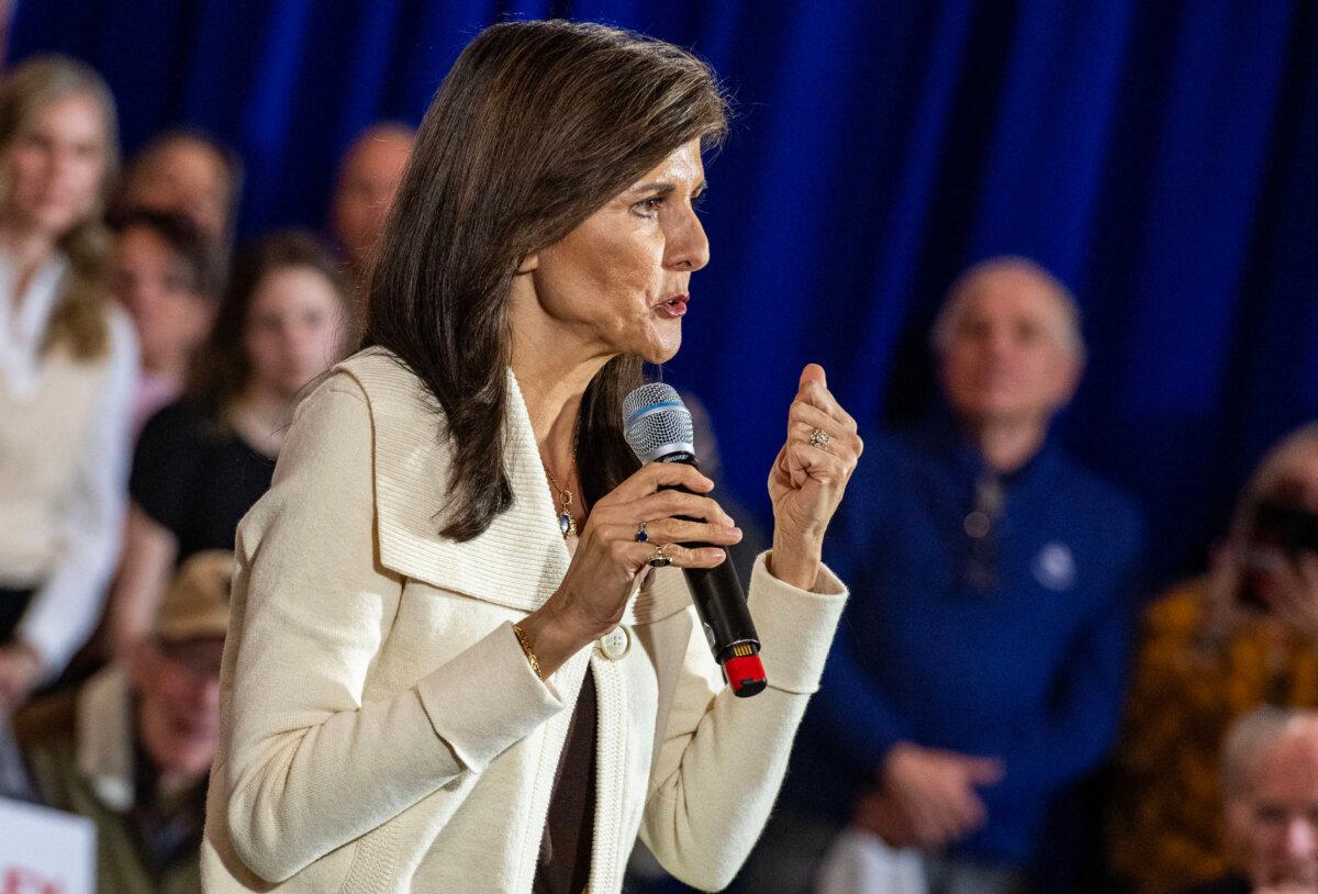 Former U.N. ambassador and 2024 Republican presidential hopeful Nikki Haley speaks at a campaign town hall event at Wentworth by the Sea Country Club in Rye, N.H., on Jan. 2, 2024. (Joseph Prezioso/AFP via Getty Images)