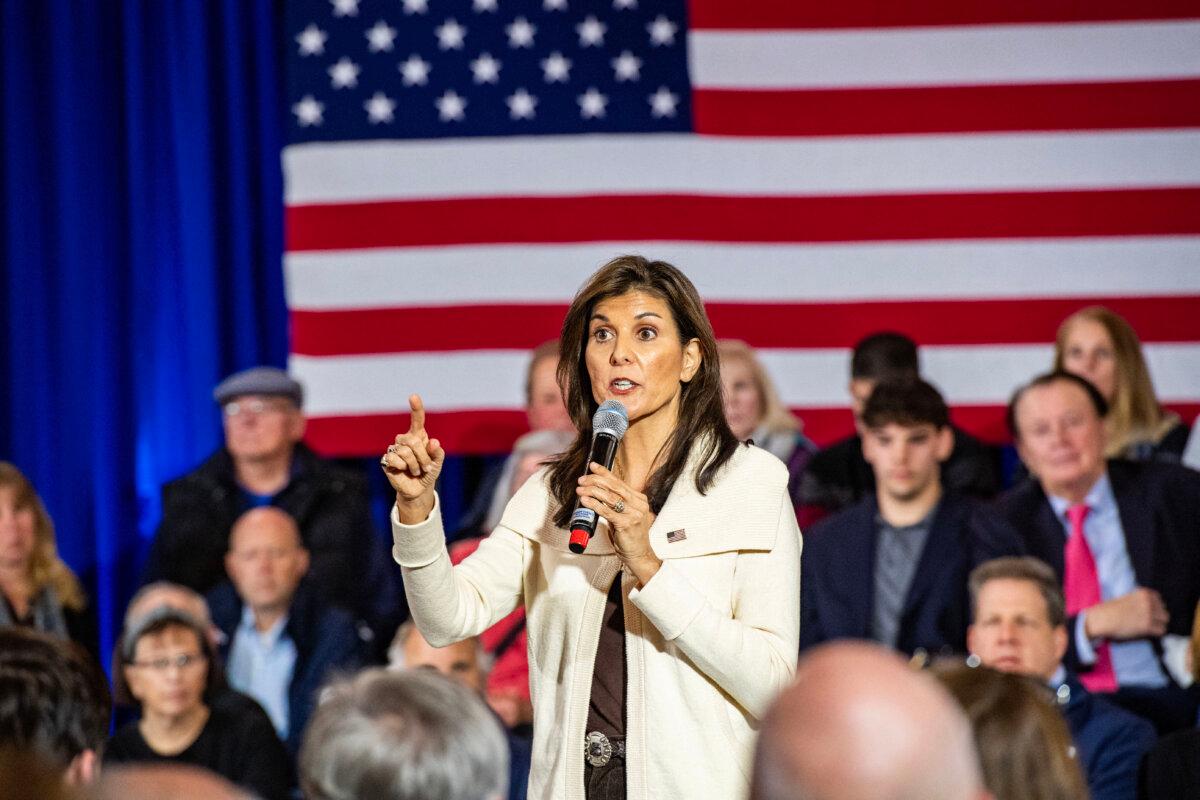 Former U.N. ambassador and 2024 Republican presidential hopeful Nikki Haley speaks at a campaign town hall event at Wentworth by the Sea Country Club in Rye, N.H., on Jan. 2, 2024. (Joseph Prezioso/ AFP via Getty Images)