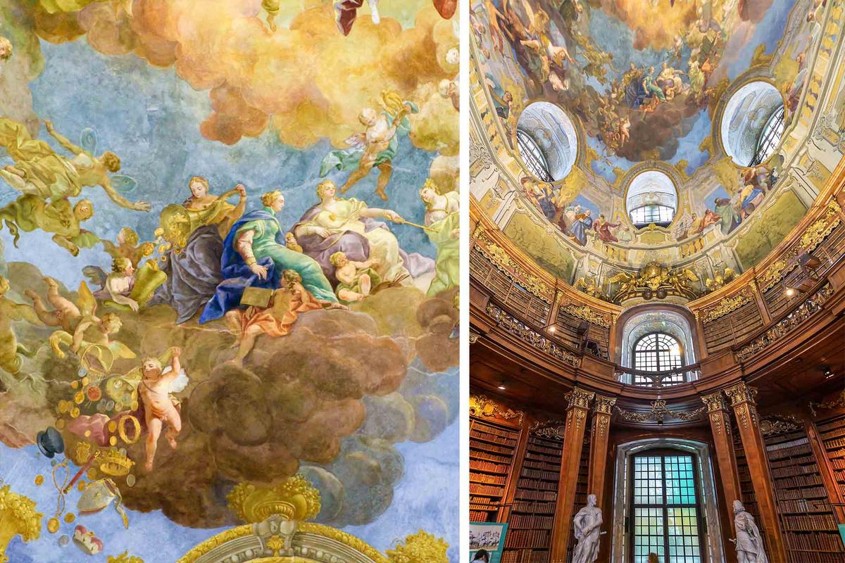 Left: Detail of a fresco painting in the State Hall. (jorisvo/Shutterstock); Right: Interior of the Austrian National Library, located in Hofburg Palace. (agsaz/Shutterstock)