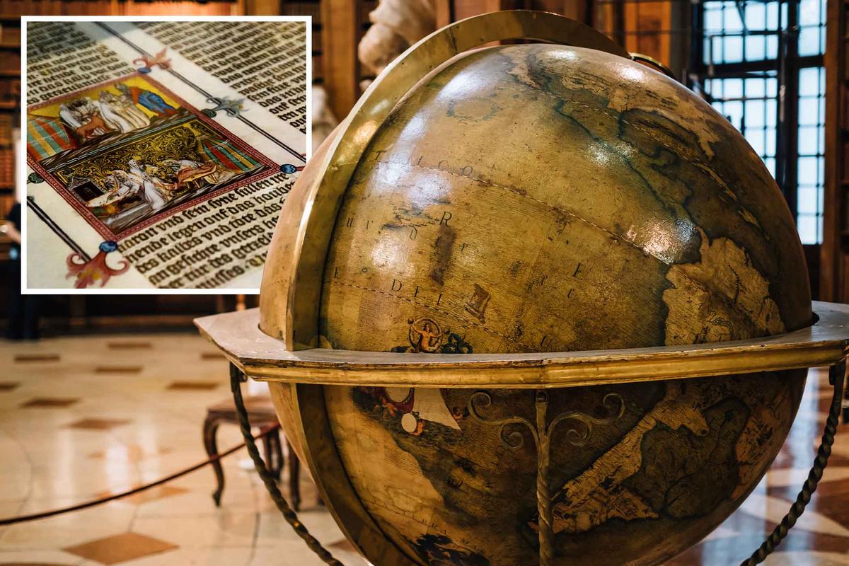 A globe inside the Austrian National Library. (Yudai/Shutterstock); (Inset) Detail showing an ancient manuscript in the Austrian National Library, Vienna. (Alessandro Cristiano/Shutterstock)