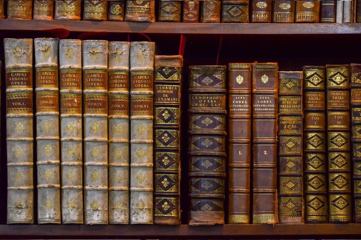 A bookshelf full of antique books in the Austrian National Library. (Ann Raff/Shutterstock)