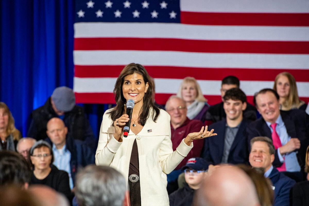 Former U.N. ambassador and 2024 Republican presidential hopeful Nikki Haley speaks at a campaign town hall event at Wentworth by the Sea Country Club in Rye, N.H., on Jan. 2, 2024. (Photo by Joseph Prezioso/AFP via Getty Images)