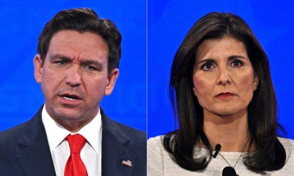 Florida Gov. Ron DeSantis (L) during the fourth Republican presidential primary debate at the University of Alabama in Tuscaloosa, Ala., on Dec. 6, 2023, and former South Carolina Gov. and U.N. Ambassador Nikki Haley at the same event. (Jim Watson/AFP via Getty Images)