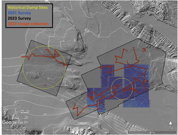 Area coverage map of the 350 square kilometers (135 square miles) sonar survey of the two dump sites in the San Pedro Basin by an autonomous underwater vehicle. This figure shows the footprint of the 2021 and 2023 surveys, with the red lines indicating video image collection. (Courtesy of University of California–San Diego Scripps Institution of Oceanography)