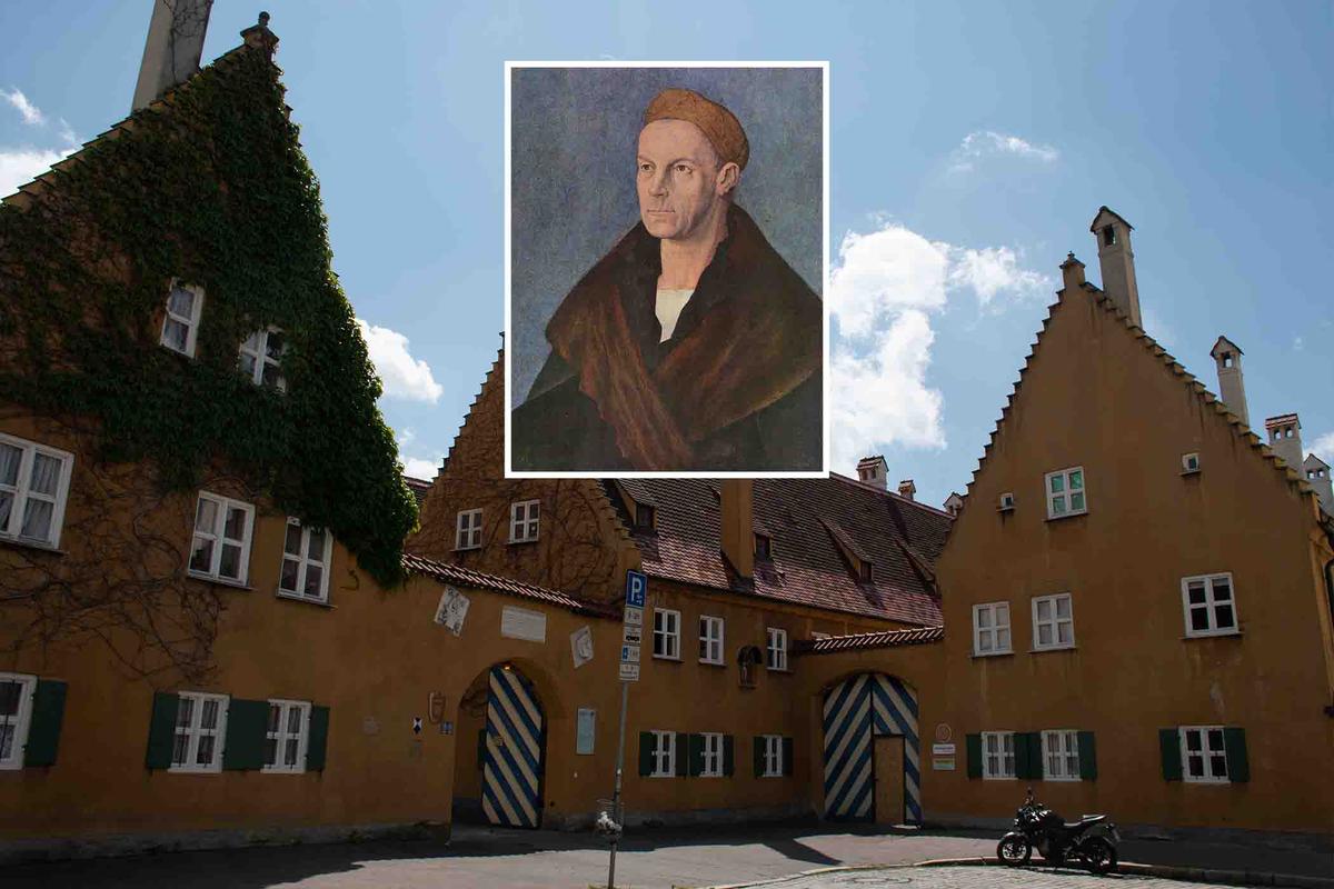 The gate of the Fuggerei (Anne Czichos/Shutterstock); (Inset) A portrait of "Jakob Fugger the Rich" by Albrecht Dürer (<a href="https://commons.wikimedia.org/wiki/File:Albrecht_D%C3%BCrer_080.jpg">Public Domain</a>)