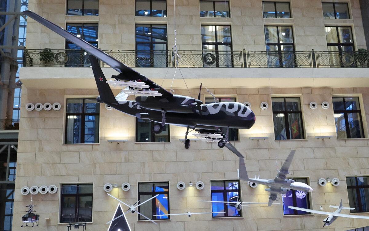 A view shows military drones exhibited at the National Defense Control Center of the Russian Defense Ministry in Moscow on Dec. 19, 2023. (Sputnik/Mikhail Klimentyev/Kremlin via Reuters)