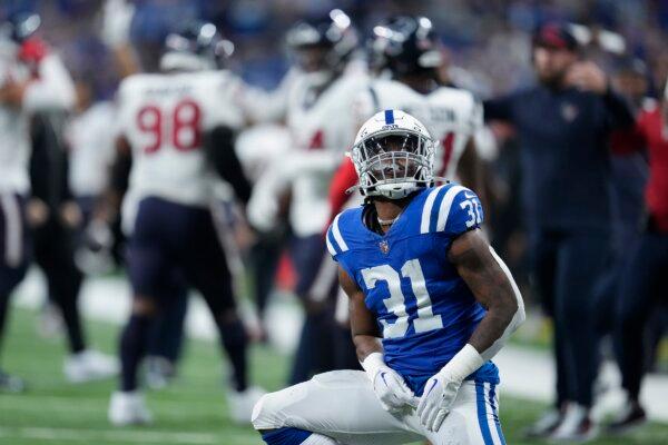 Indianapolis Colts running back Tyler Goodson (31) looks up after dropping a pass on fourth down during the second half of an NFL football game against the Houston Texans in Indianapolis on Jan. 6, 2024. (Michael Conroy/AP Photo)