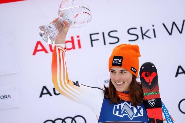 Slovakia's Petra Vlhova celebrates on the podium after winning an alpine ski, women's World Cup slalom race, in Kranjska Gora, Slovenia, on Jan. 7, 2024. (Giovanni Maria Pizzato/AP Photo)