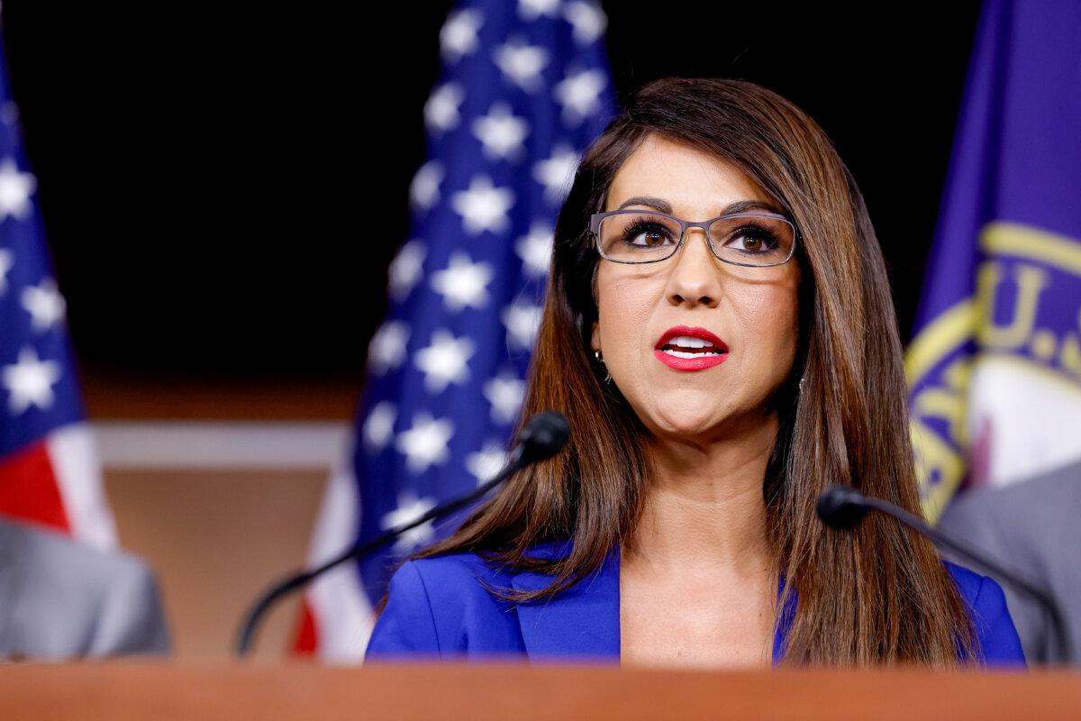 Rep. Lauren Boebert (R-Colo.) speaks during a news conference with the House Freedom Caucus on the debt limit negotiations at the U.S. Capitol Building in Washington on March 10, 2023. (Anna Moneymaker/Getty Images)