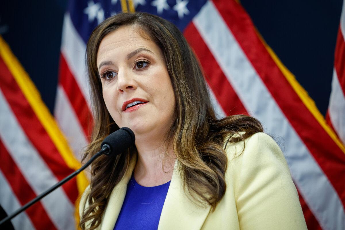Rep. Elise Stefanik (R-N.Y.) speaks at a press conference following a House Republican caucus meeting at the U.S. Capitol in Washington on May 16, 2023. (Kevin Dietsch/Getty Images)