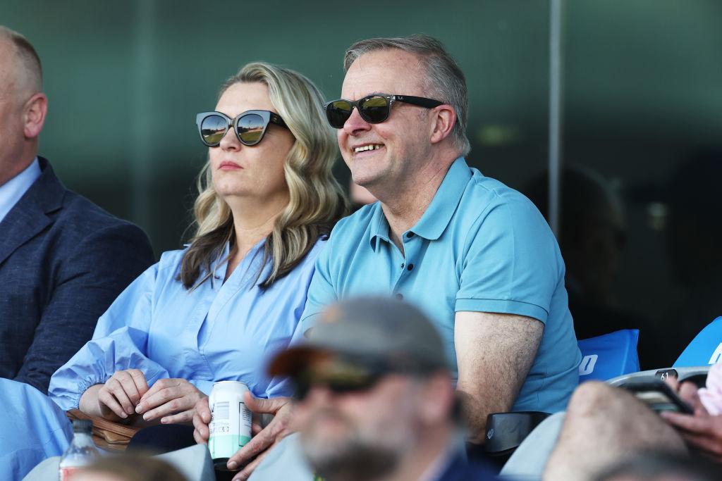 Prime Minister of Australia Anthony Albanese and partner Jodie Haydon watch the action during the tour match between the Prime Ministers XI and the West Indies at Manuka Oval in Canberra, Australia, on Nov. 25, 2022. (Matt King/Getty Images)