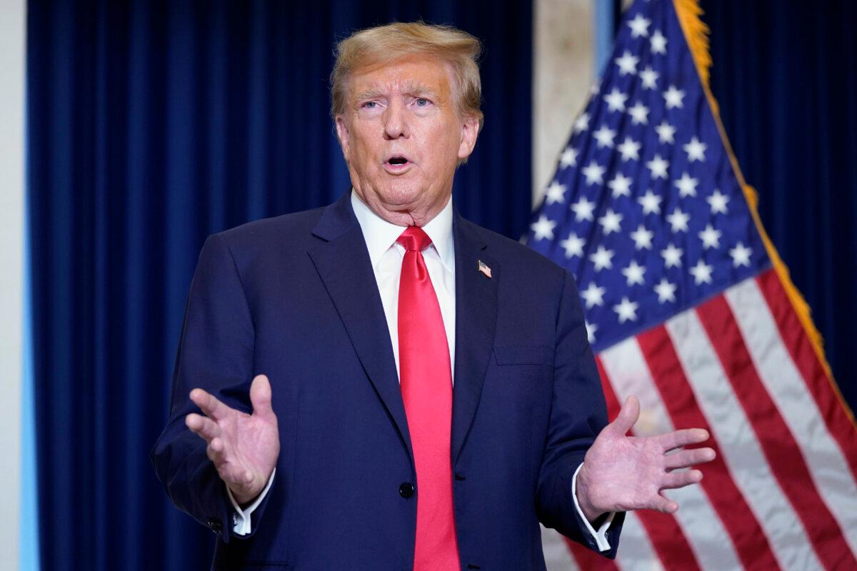 Former President Donald Trump speaks to the media at a Washington hotel, on Jan. 9, 2024. (AP Photo/Susan Walsh)