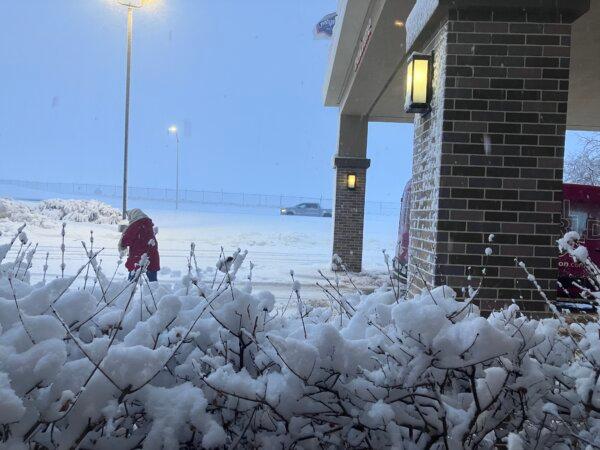 A woman trudges to her car through about eight inches of snow at the Hampton Inn Des Moines Airport on Jan. 9, 2024. (Janice Hisle/The Epoch Times)