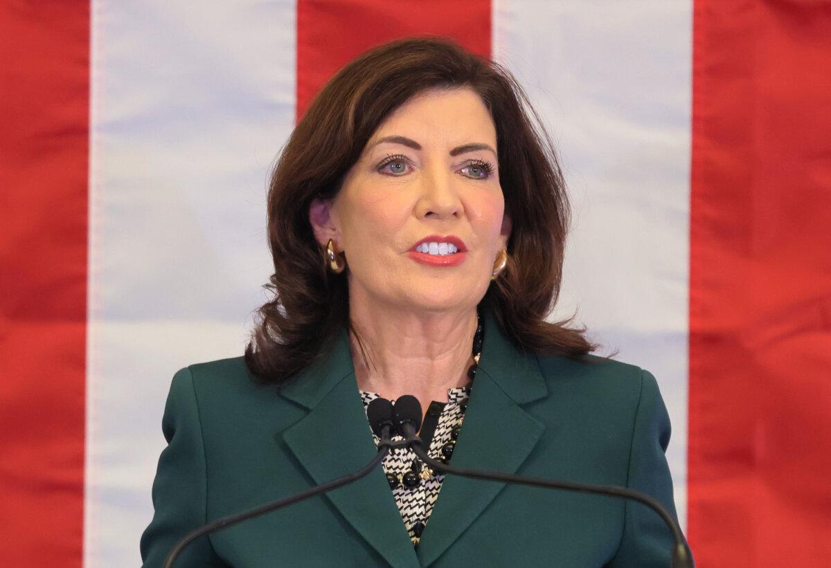 New York Gov. Kathy Hochul speaks during a press conference and signing of legislation creating a commission for the study of reparations in New York on Dec. 19, 2023, in New York City. (Michael M. Santiago/Getty Images)
