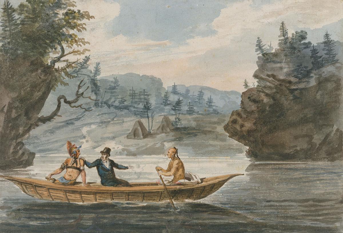 "Two Indians and a White Man in a Canoe," circa 1811– 1813, by Pavel Petrovich Svinin. The Metropolitan Museum of Art, New York City. (Public Domain)
