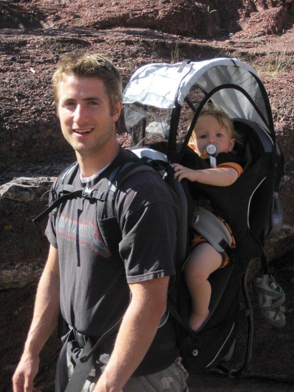 David Stephan carries his son, Ezekiel Stephan, on his back. (Courtesy of David Stephan)