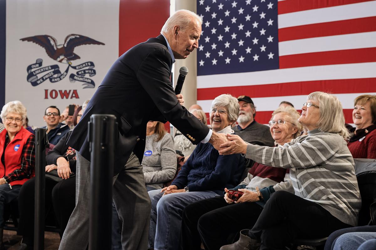 Democratic presidential candidate former Vice President Joe Biden greets supporters as he arrives for a campaign town hall event at the University of Northern Iowa in Cedar Falls, Iowa, on Jan. 27, 2020. (Chip Somodevilla/Getty Images)