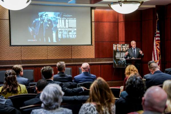 Sen. Ron Johnson (R-Wis.) speaks at the congressional screening and premiere of the Epoch Times documentary “The Real Story of January 6, Part 2: The Long Road Home,” at the U.S. Capitol in Washington on Jan. 9, 2024. (Samira Bouaou/The Epoch Times)