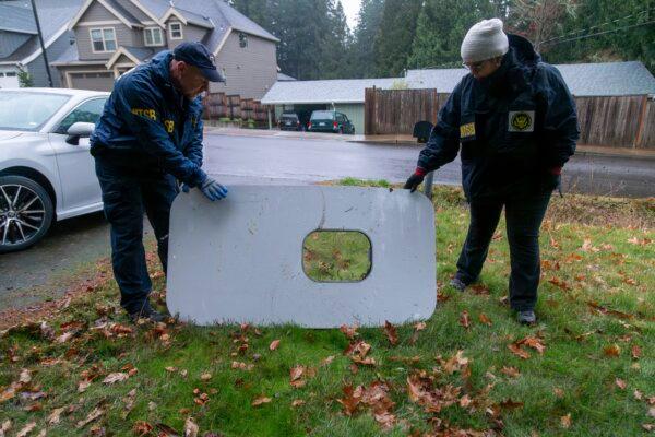 The door plug from Alaska Airlines Flight 1282 in Portland, Ore., on Jan. 8, 2024. A panel used to plug an area reserved for an exit door on the Boeing 737-9 MAX jetliner blew out on Jan. 5 shortly after the flight took off from Portland, forcing the plane to return to Portland International Airport. (National Transportation Safety Board via AP)