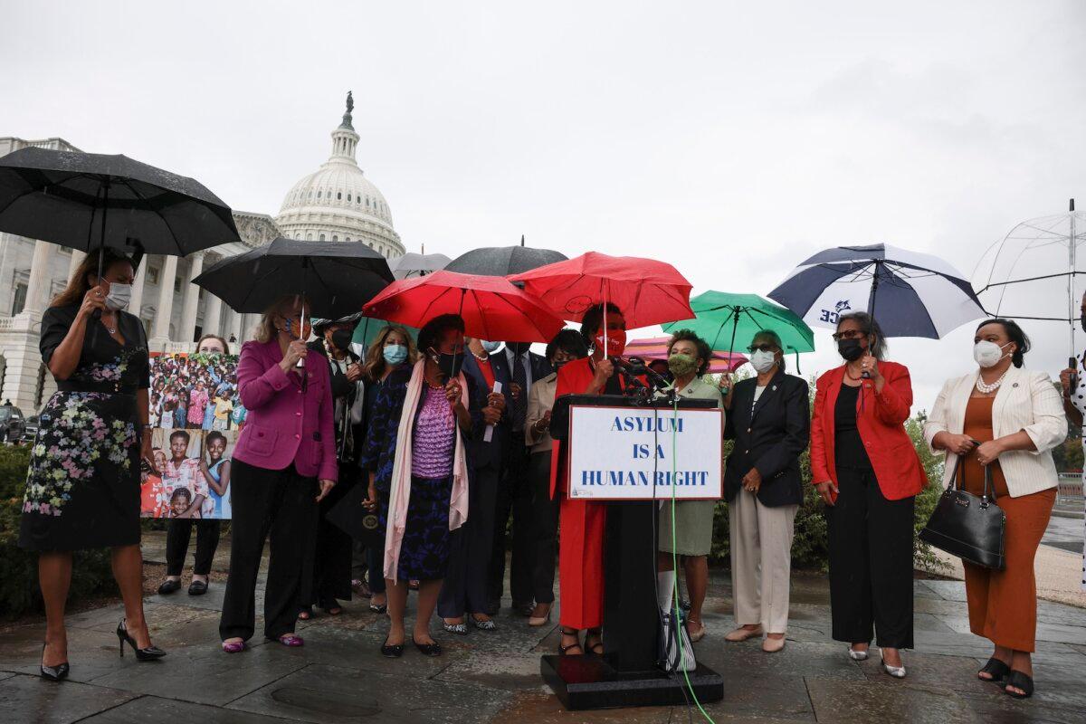 Rep. Yvette Clarke (D-N.Y.) (C) speaks during a news conference about illegal immigration, in Washington, on Sept. 22, 2021. (Anna Moneymaker/Getty Images)