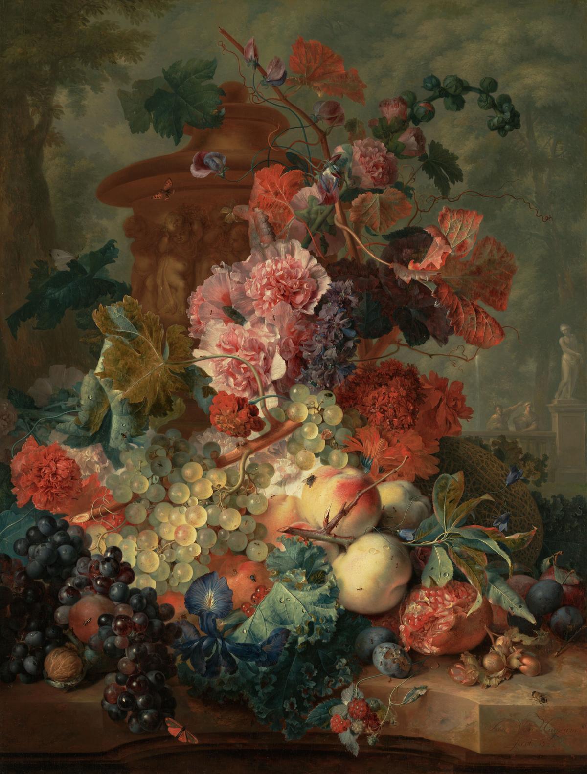 "Fruit Piece," 1722, by Jan van Huysum. Oil on panel; 31 1/2 inches by 24 inches. Getty Center, Los Angeles. (Public Domain)