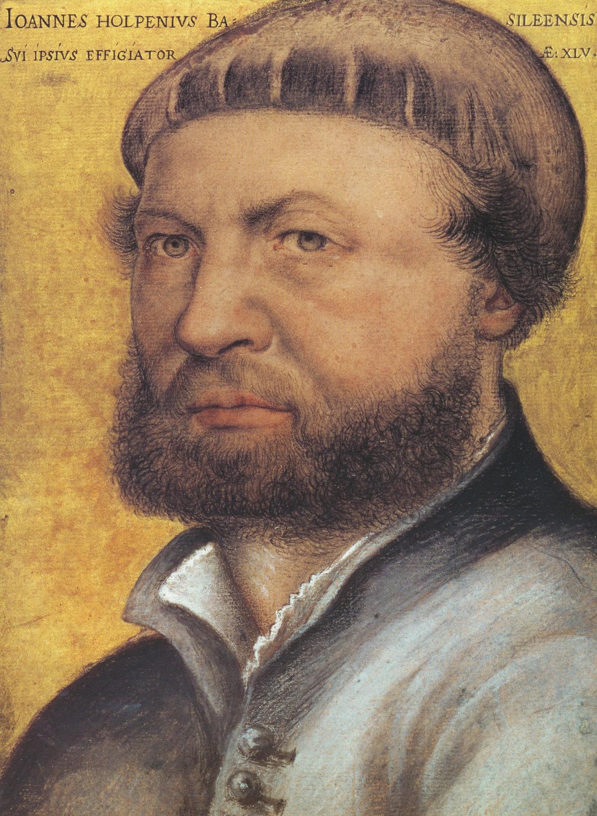 Self-portrait of Hans Holbein the Younger, circa 1542–1543. Pastel on paper. Uffizi Gallery, Florence, Italy. (Public Domain)