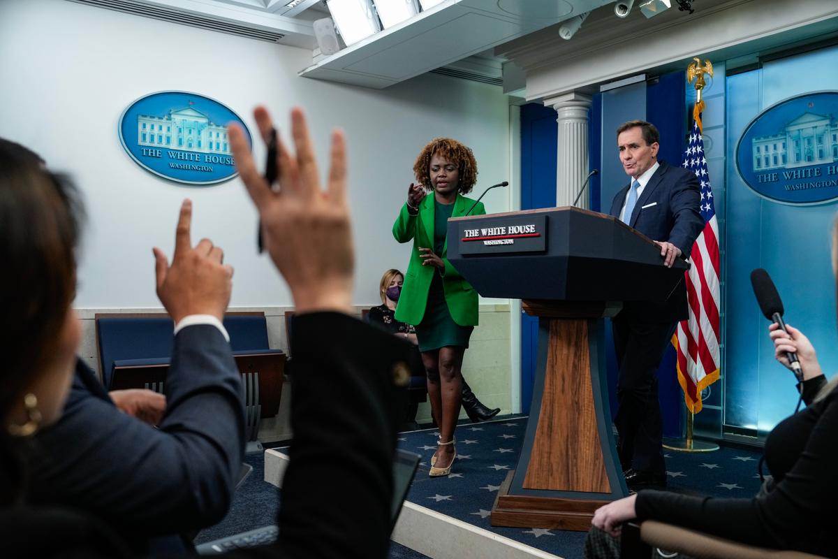 White House press secretary Karine Jean-Pierre and National Security Council spokesman John Kirby take questions during the daily press briefing at the White House on Jan. 10, 2024, in Washington. (Drew Angerer/Getty Images)
