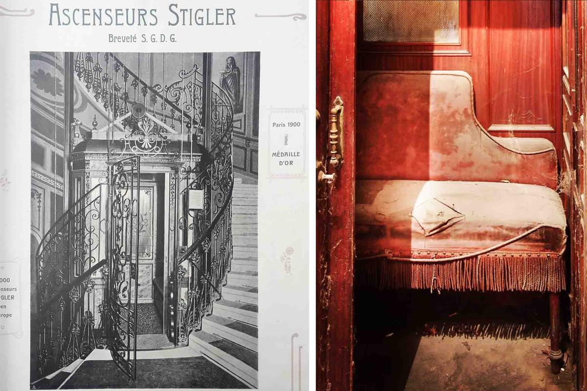 An old photo and the interior of a lift from the early 1900s. (Courtesy of Christian Tauss)