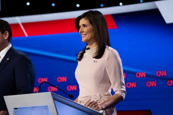 Republican presidential candidate and former South Carolina Gov. Nikki Haley participates in CNN's GOP presidential primary debate at Drake University in Des Moines, Iowa, on Jan. 10, 2024. (Madalina Vasiliu/The Epoch Times)