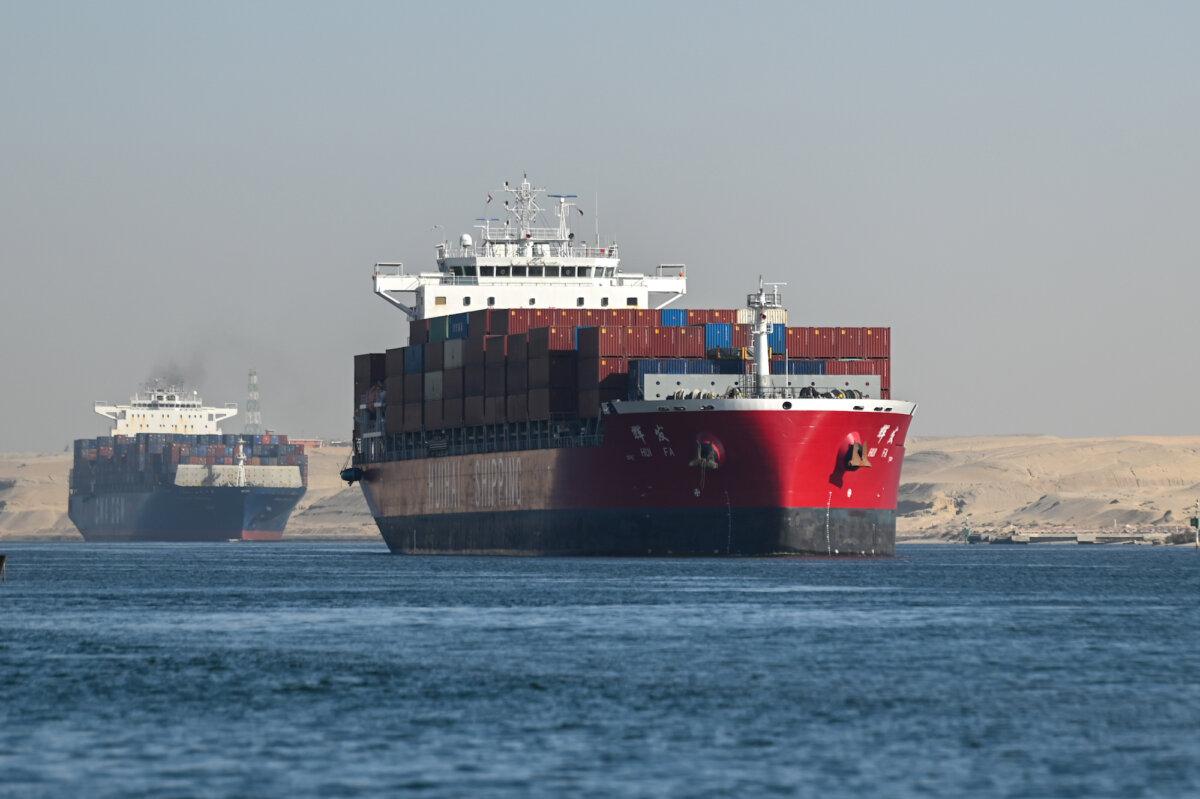 A ship transits the Suez Canal towards the Red Sea in Ismailia, Egypt, on Jan. 10, 2024. (Sayed Hassan/Getty Images)