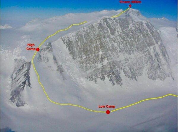 A schematic of the uphill route to Vinson Massif in Antarctica. (Provided by John Tsang)