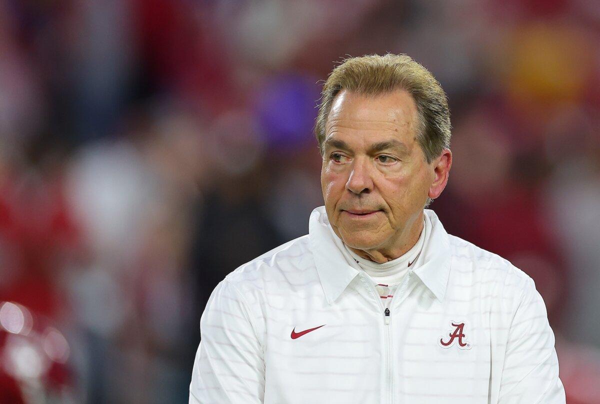 Head coach Nick Saban of the Alabama Crimson Tide looks on during pregame warmups prior to facing the LSU Tigers at Bryant-Denny Stadium, in Tuscaloosa, Ala., on Nov. 4, 2023. (Kevin C. Cox/Getty Images)