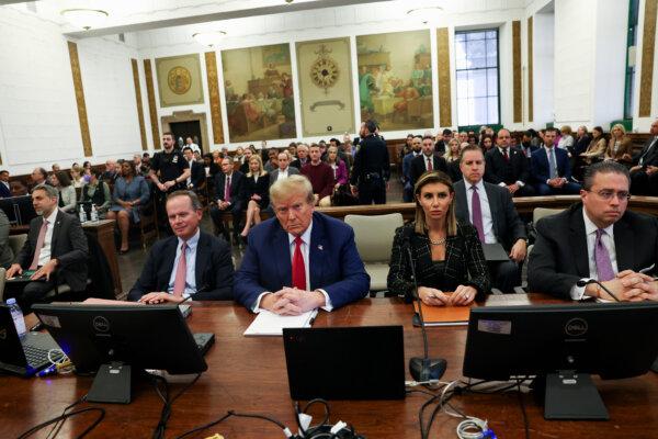 Former President Donald Trump and his lawyers Christopher Kise and Alina Habba attend the closing arguments in the Trump Organization civil fraud trial at New York State Supreme Court on Jan. 11, 2024 in New York City. (Shannon Stapleton-Pool/Getty Images)