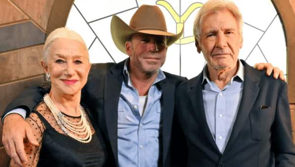(L–R) Helen Mirren, producer Taylor Sheridan, and Harrison Ford, behind the scenes for the current “1923.” (Paramount)