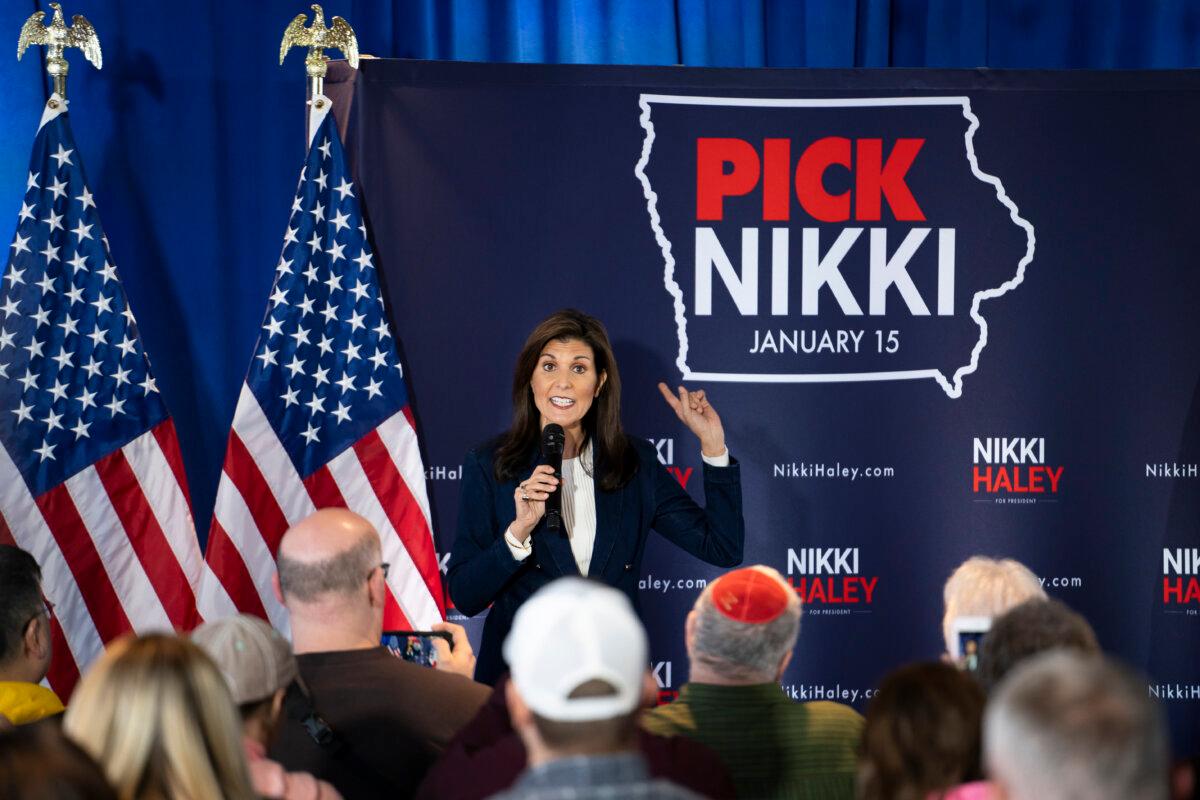 Republican presidential candidate former South Carolina Gov. Nikki Haley speaks during a campaign event in Ankeny, Iowa, on Jan. 11, 2024. (Madalina Vasiliu/The Epoch Times)