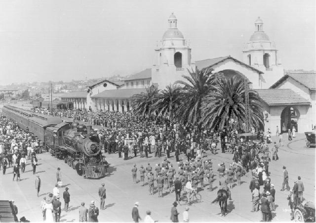 The first San Diego–Arizona Railway through passenger train arrives at San Diego's Union Station passenger terminal to officially open the line on Dec. 1, 1919. (Public Domain)
