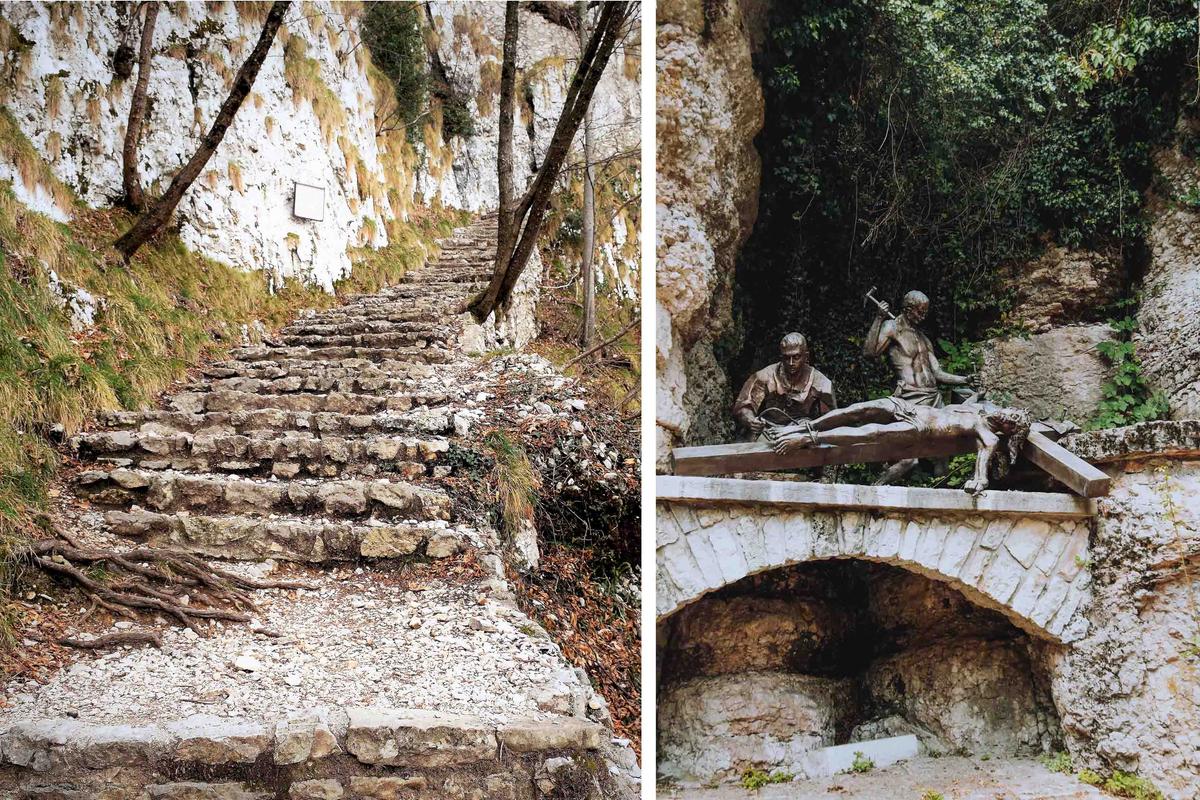 (Left) Steps leading up in the mountains to the sanctuary (devasana/Shutterstock); (Right) A devotional statue along the path leading to the sanctuary. (More Than Production/Shutterstock)
