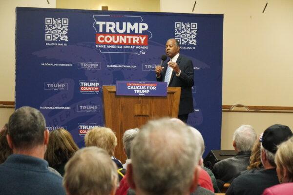 Dr. Ben Carson speaks on behalf of former President Donald J. Trump's candidacy for the GOP nomination at a church in Marion, Iowa, on Jan. 11, 2024. (Nathan Worcester/The Epoch Times)