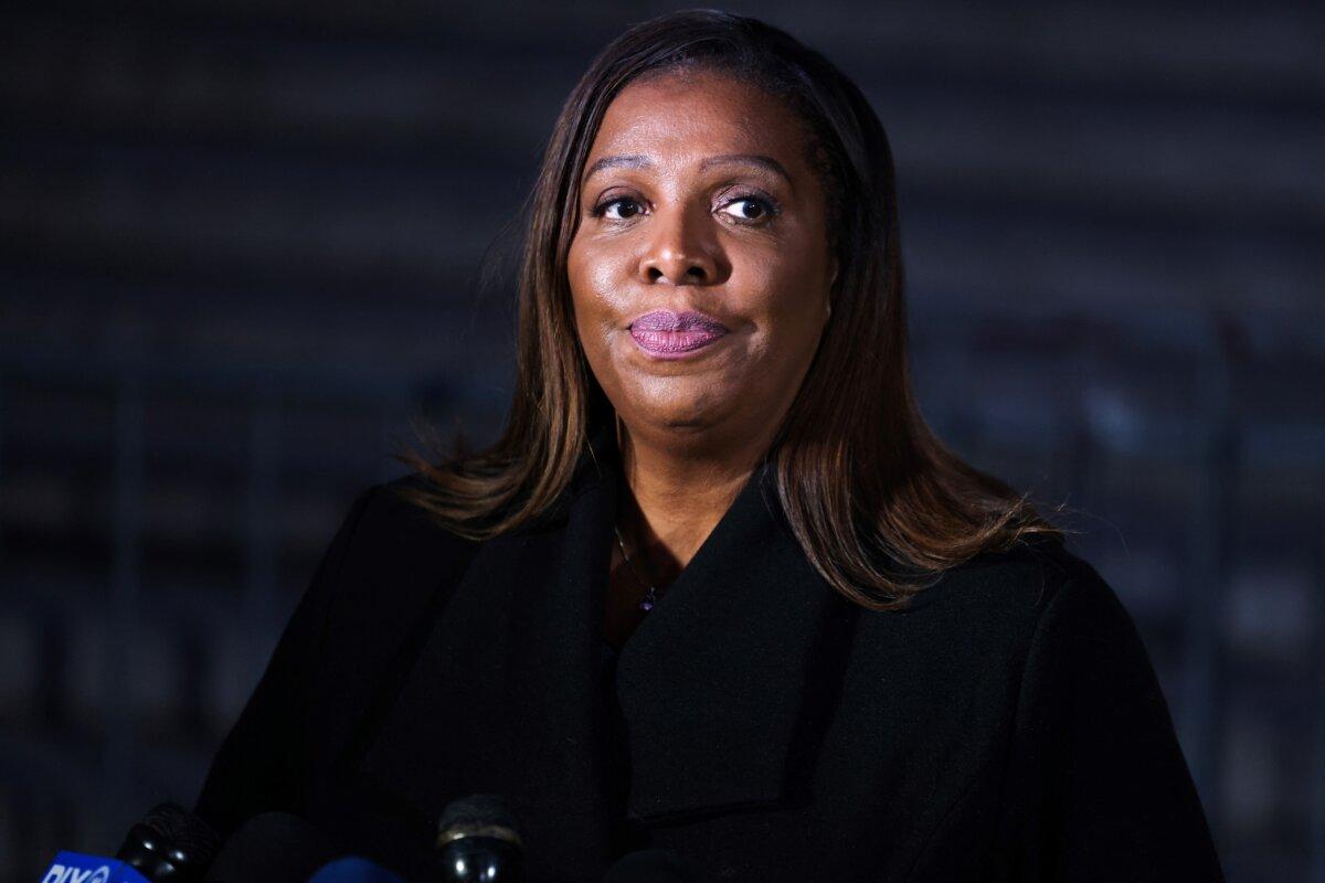 New York Attorney General Letitia James speaks to the press outside the New York State Supreme Court after closing arguments in the civil fraud trial against the Trump Organization in New York on Jan. 11, 2024. (Charly Triballeau/AFP via Getty Images)