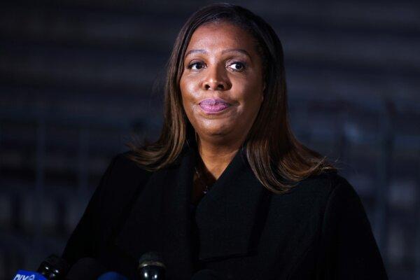 New York Attorney General Letitia James speaks to the press outside the New York State Supreme Court after closing arguments in the civil fraud trial against the Trump Organization in New York, on Jan. 11, 2024. (Charly Triballeau/AFP via Getty Images)