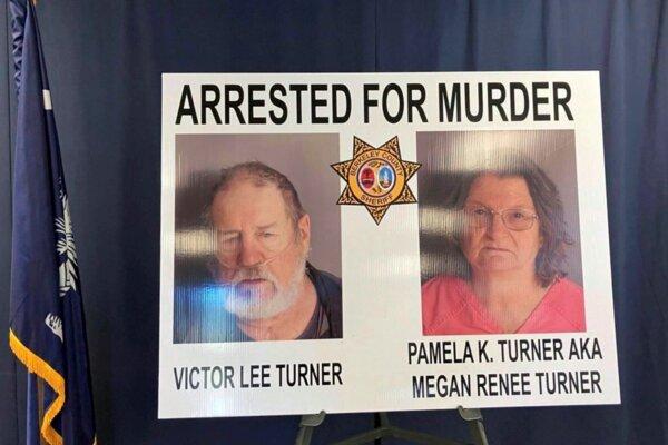 Images of Victor Lee Turner, 69, and Pamlea K. Turner, aka Megan Renee Turner, are displayed during a news conference, in Moncks Corner, S.C., on Jan. 10, 2024. (Kailey Cora/The Post And Courier via AP)