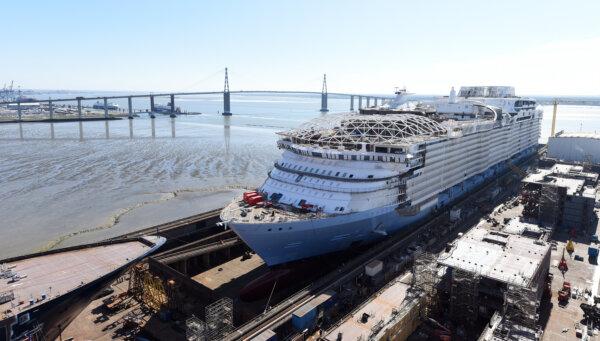Royal Caribbean’s Utopia of the Seas gets floated out at the Chantiers de l’Atlantique shipyard in Saint-Nazaire, France, during a nearly 15-hour operation Sept. 15–16, 2023. (Bernard Biger/Chantiers de l’Atlantique/TNS)