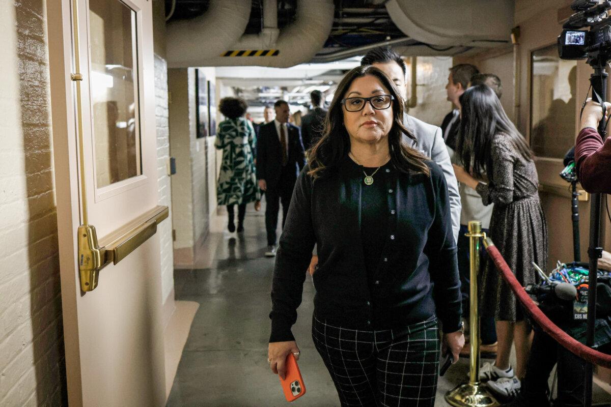 Rep. Lori Chavez-Deremer (R-Ore.) arrives at a meeting with House Republicans at the U.S. Capitol Building in Washington on Oct. 19, 2023. (Anna Moneymaker/Getty Images)