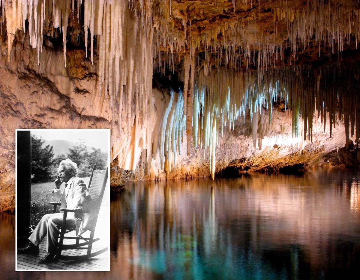 The interior of the Crystal Caves; (David Reilly/Shutterstock) (Inset) A photo of author Samuel Clemens, also known as Mark Twain. (Everett Collection/Shutterstock)