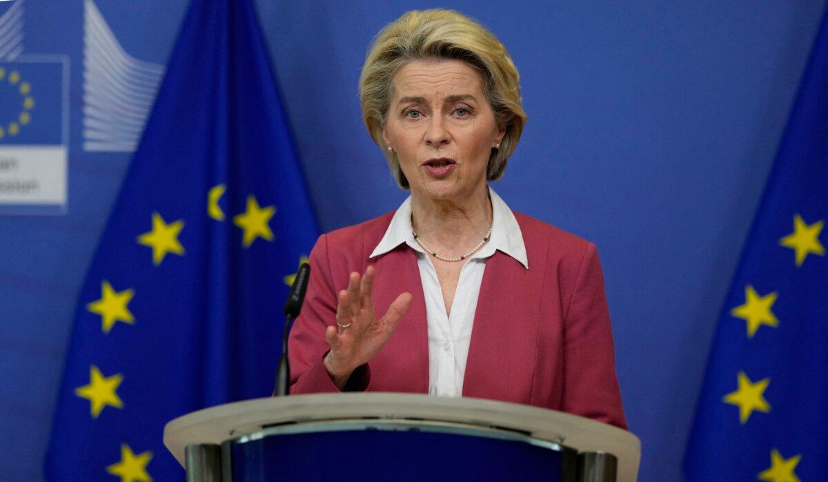 European Commission President Ursula von der Leyen speaks during a media conference on the Chips Act at EU headquarters in Brussels on Feb. 8, 2022. (Virginia Mayo/AFP via Getty Images)