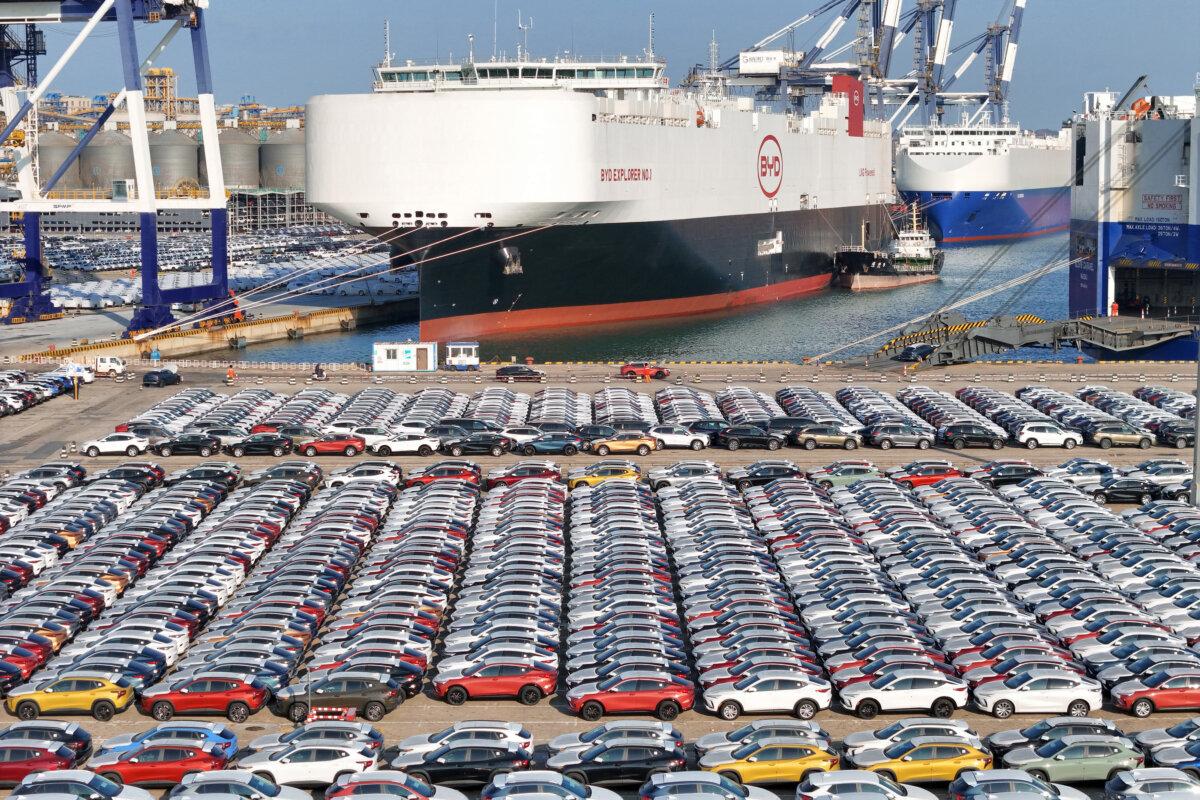 This photo taken on Jan. 10, 2024, shows electric cars for export waiting to be loaded on the "BYD Explorer NO.1", a domestically manufactured vessel intended to export Chinese automobiles, at Yantai port in eastern China's Shandong Province. (STR/AFP via Getty Images)