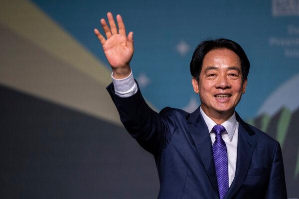 Taiwanese Vice President Lai Ching-te, also known as William Lai celebrates his victory in Taipei, Taiwan on Jan. 13, 2024. (AP Photo/Louise Delmotte)