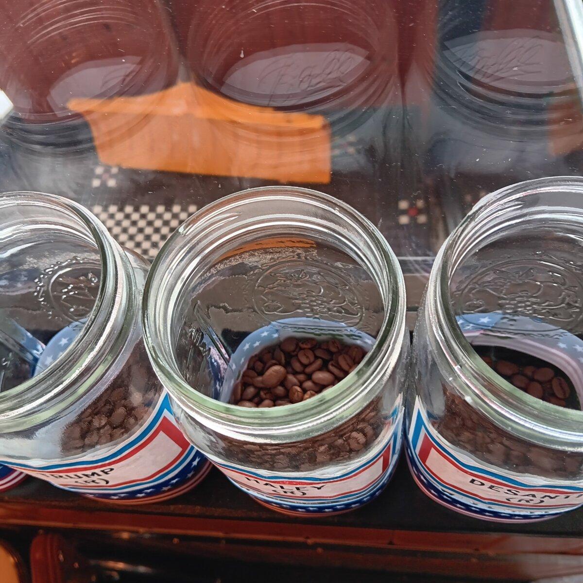 Jars fill up (or don't) in the Coffee Bean Caucus at the Hamburg Inn No. 2 in Iowa City, Iowa, on Jan. 13, 2024. (Nathan Worcester/The Epoch Times)
