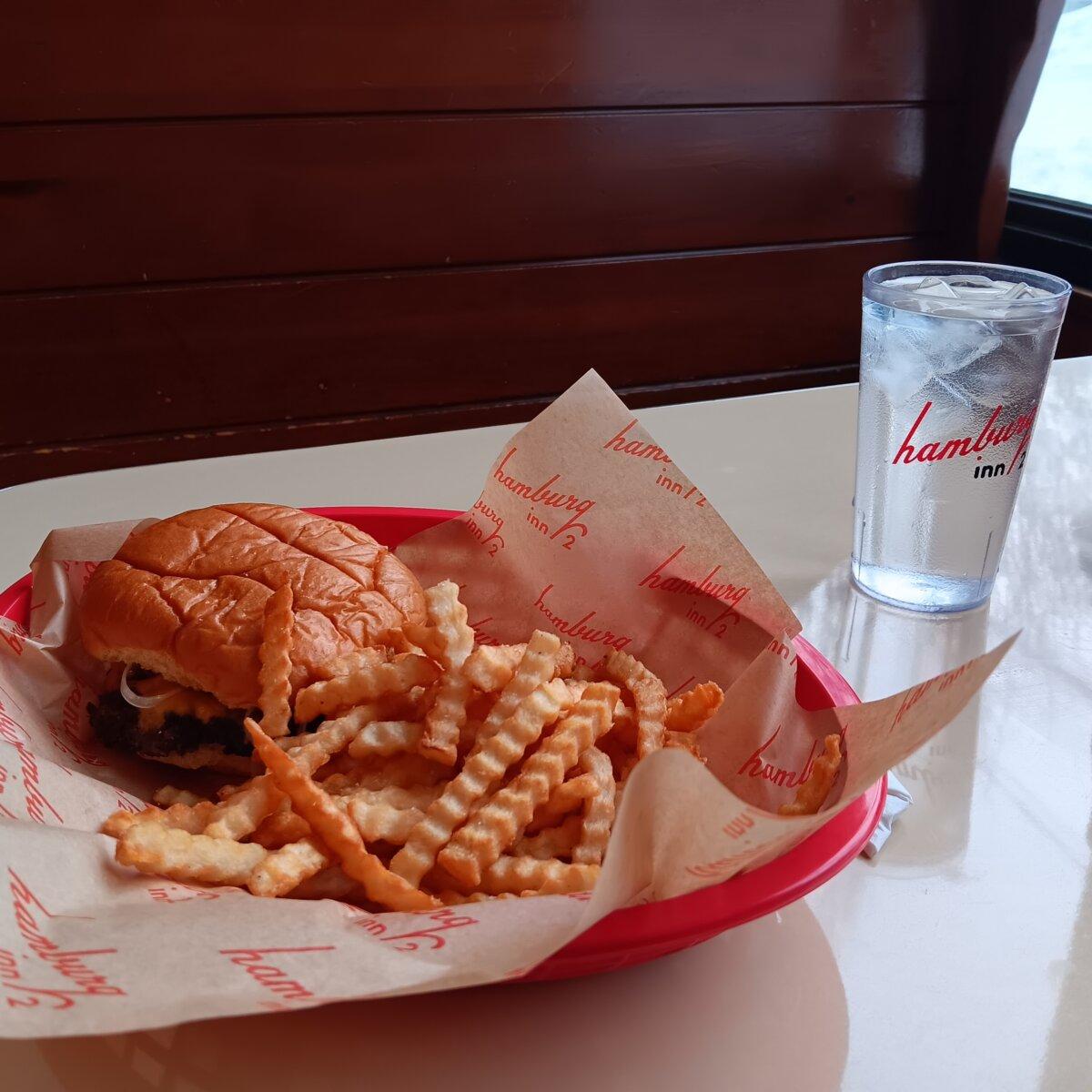 A burger and fries at the Hamburg Inn No. 2 in Iowa City, Iowa, on Jan. 13, 2024. (Nathan Worcester/The Epoch Times)